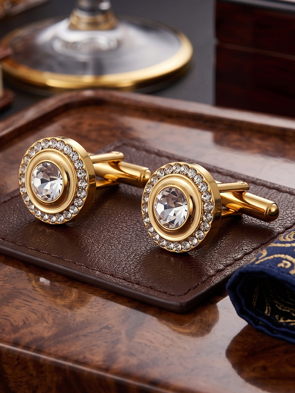Lucky Jewellery Unique Men Jewelry White Color Stone Gold Plated Sleeve Button Formal Cuff Button Wedding Shirt Button, Suit, Blazer Cufflinks Pair Gift Set for Men (383-M4C54-248TM40DT-W)