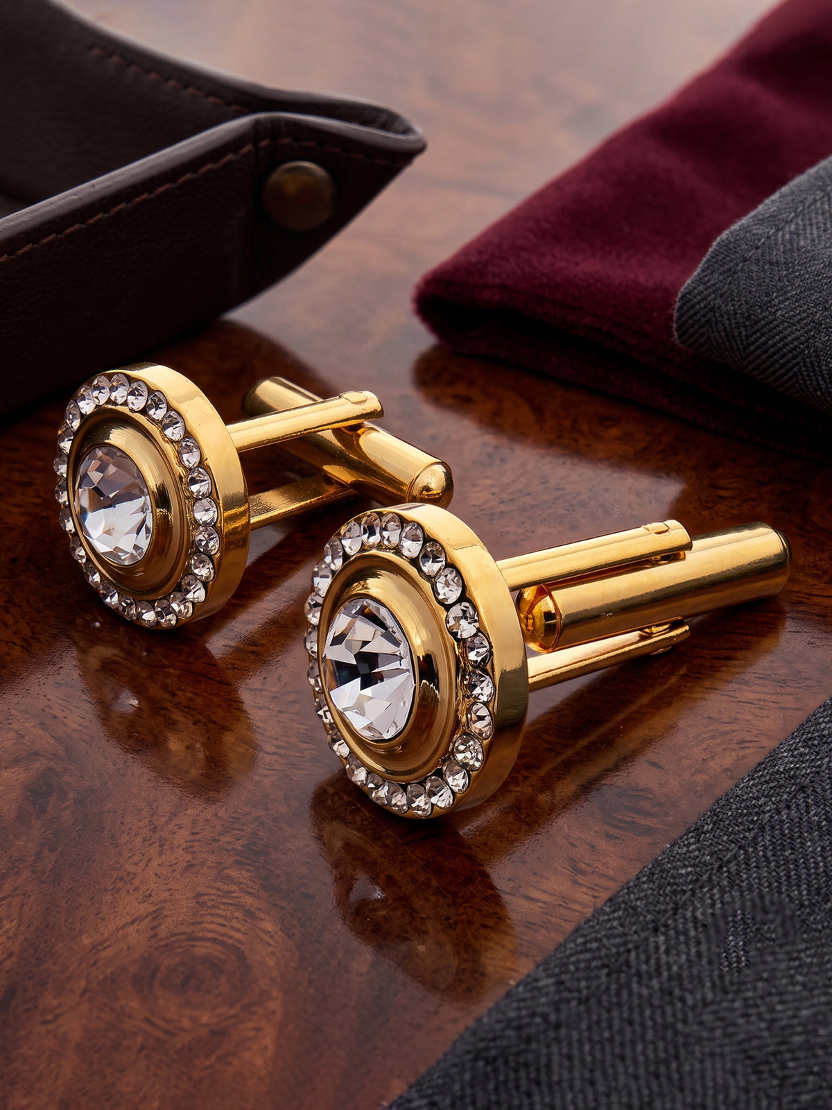 Lucky Jewellery Unique Men Jewelry White Color Stone Gold Plated Sleeve Button Formal Cuff Button Wedding Shirt Button, Suit, Blazer Cufflinks Pair Gift Set for Men (383-M4C54-248TM40DT-W)
