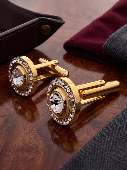 Lucky Jewellery Unique Men Jewelry White Color Stone Gold Plated Sleeve Button Formal Cuff Button Wedding Shirt Button, Suit, Blazer Cufflinks Pair Gift Set for Men (383-M4C54-248TM40DT-W)