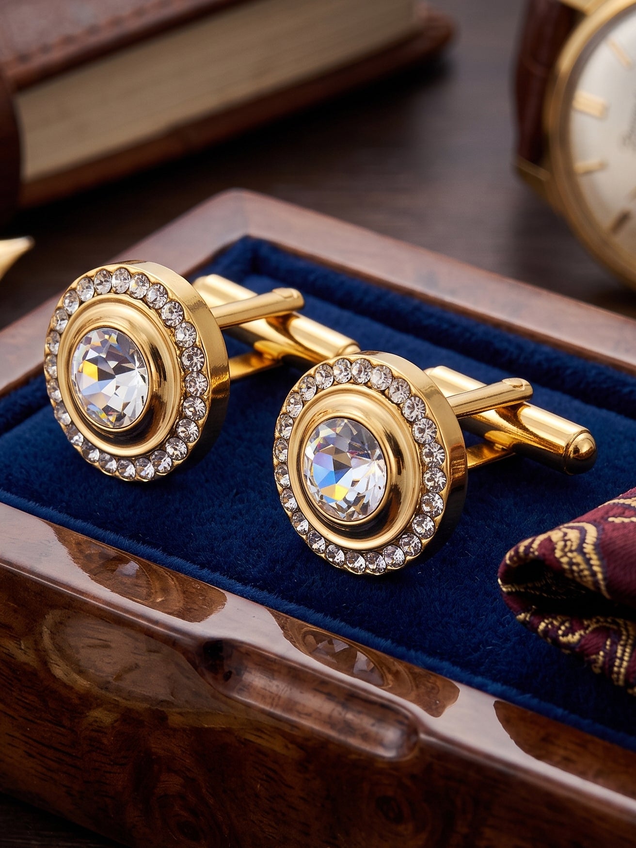 Lucky Jewellery Unique Men Jewelry White Color Stone Gold Plated Sleeve Button Formal Cuff Button Wedding Shirt Button, Suit, Blazer Cufflinks Pair Gift Set for Men (383-M4C54-248TM40DT-W)