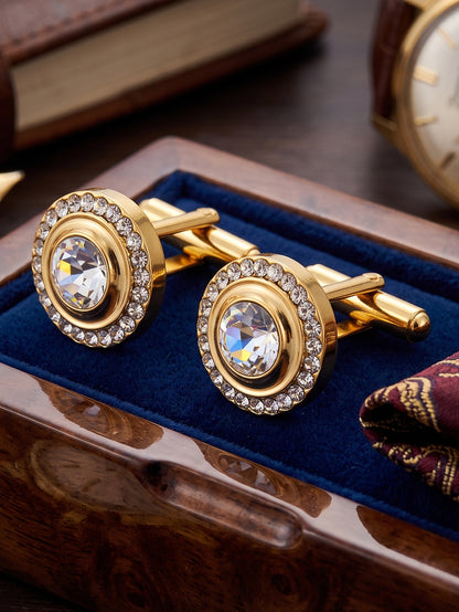 Lucky Jewellery Unique Men Jewelry White Color Stone Gold Plated Sleeve Button Formal Cuff Button Wedding Shirt Button, Suit, Blazer Cufflinks Pair Gift Set for Men (383-M4C54-248TM40DT-W)