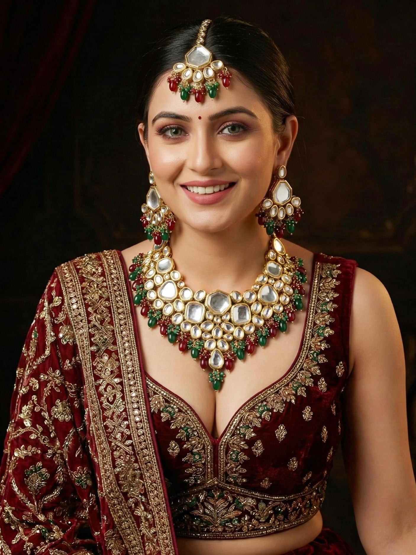18 KT Gold Plated Maroon Green Kundan Bridal & Semi-Bridal Necklace Set with Earrings & Maang Tikka (3947-J5SK-1574-MG)