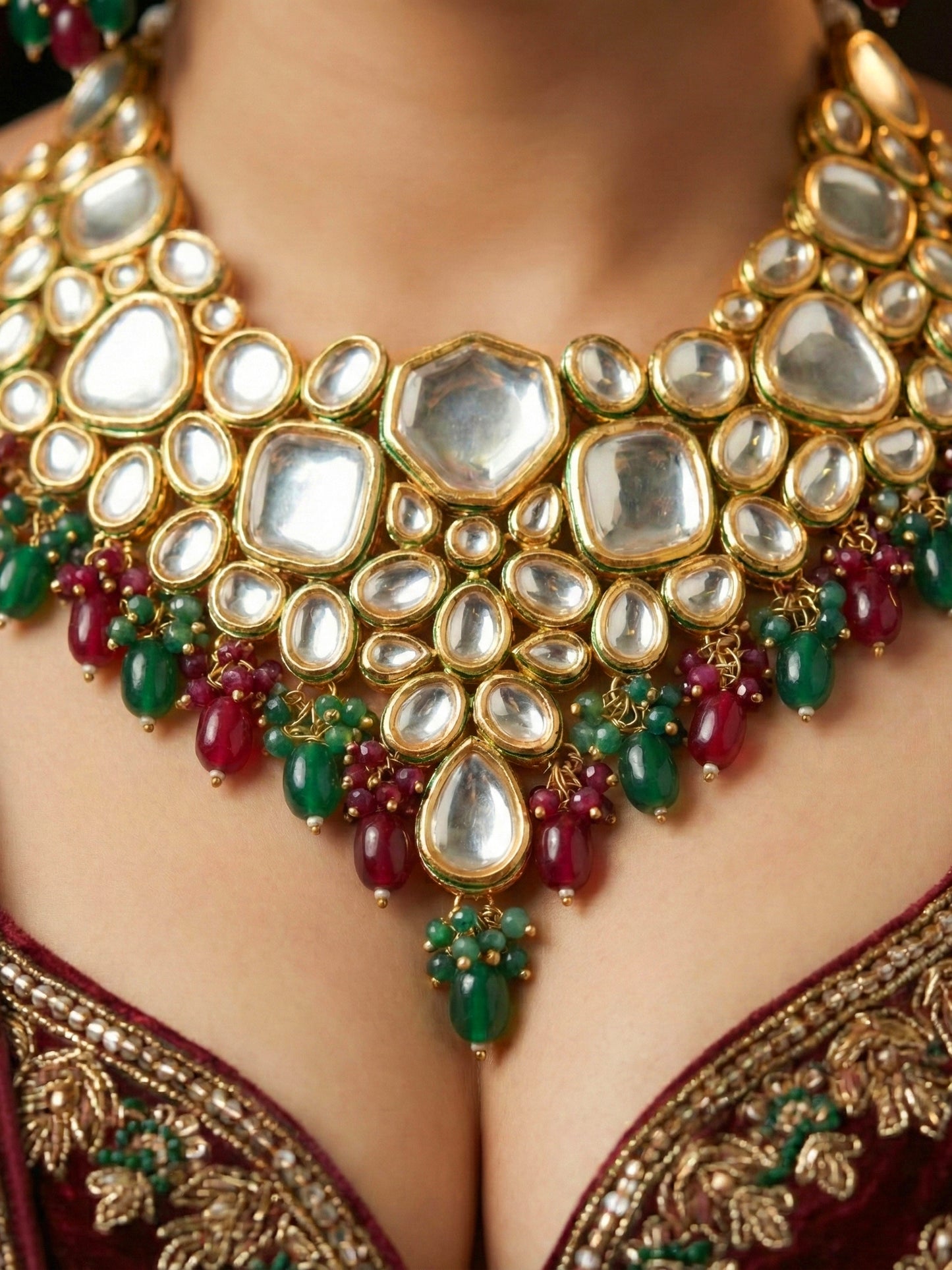 18 KT Gold Plated Maroon Green Kundan Bridal & Semi-Bridal Necklace Set with Earrings & Maang Tikka (3947-J5SK-1574-MG)
