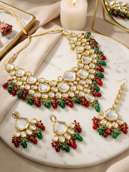 18 KT Gold Plated Maroon Green Kundan Bridal & Semi-Bridal Necklace Set with Earrings & Maang Tikka (3947-J5SK-1574-MG)