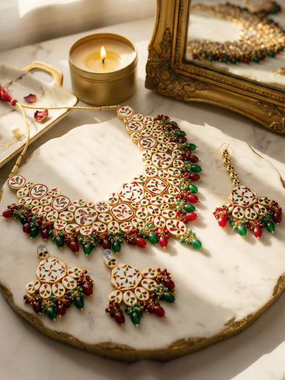 18 KT Gold Plated Maroon Green Kundan Bridal & Semi-Bridal Necklace Set with Earrings & Maang Tikka (3947-J5SK-1574-MG)
