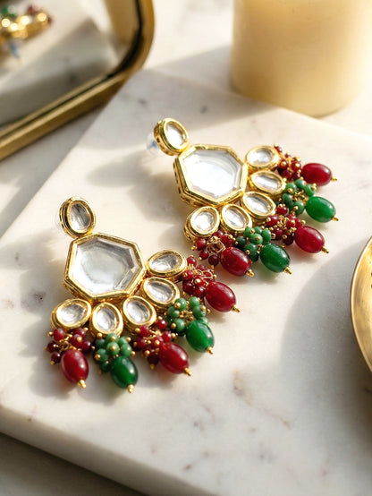 18 KT Gold Plated Maroon Green Kundan Bridal & Semi-Bridal Necklace Set with Earrings & Maang Tikka (3947-J5SK-1574-MG)