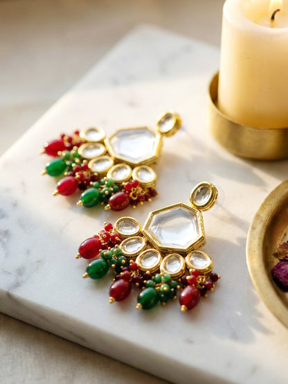 18 KT Gold Plated Maroon Green Kundan Bridal & Semi-Bridal Necklace Set with Earrings & Maang Tikka (3947-J5SK-1574-MG)