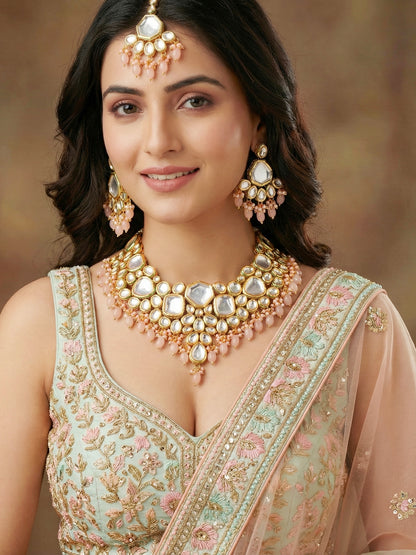 18 KT Gold Plated Peach Kundan Bridal & Semi-Bridal Necklace Set with Earrings & Maang Tikka (3947-J5SK-1574-PH)