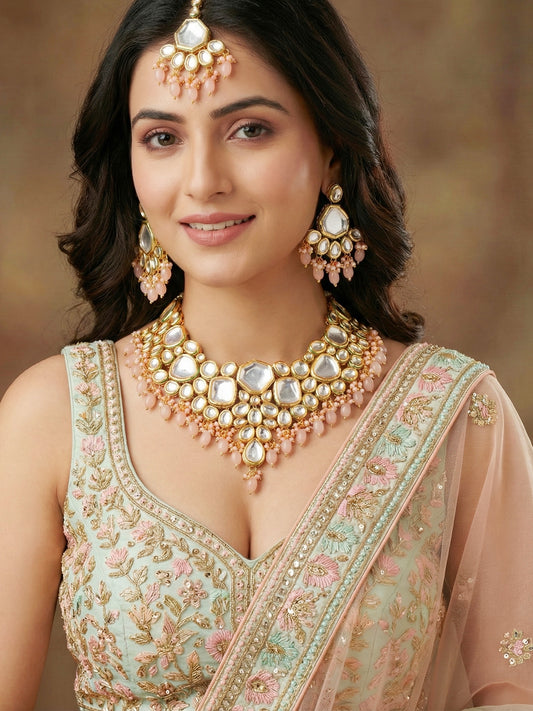 18 KT Gold Plated Peach Kundan Bridal & Semi-Bridal Necklace Set with Earrings & Maang Tikka (3947-J5SK-1574-PH)