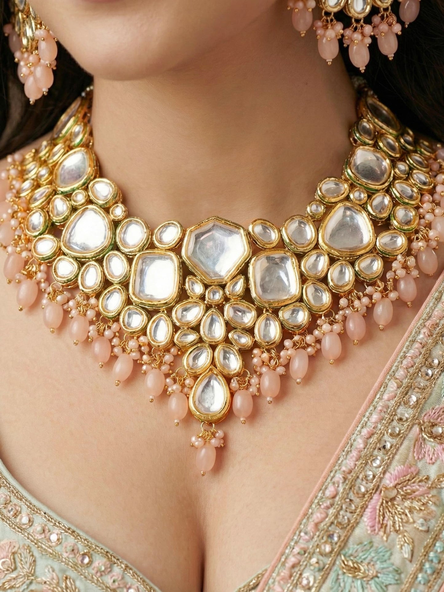 18 KT Gold Plated Peach Kundan Bridal & Semi-Bridal Necklace Set with Earrings & Maang Tikka (3947-J5SK-1574-PH)
