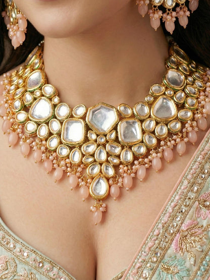 18 KT Gold Plated Peach Kundan Bridal & Semi-Bridal Necklace Set with Earrings & Maang Tikka (3947-J5SK-1574-PH)