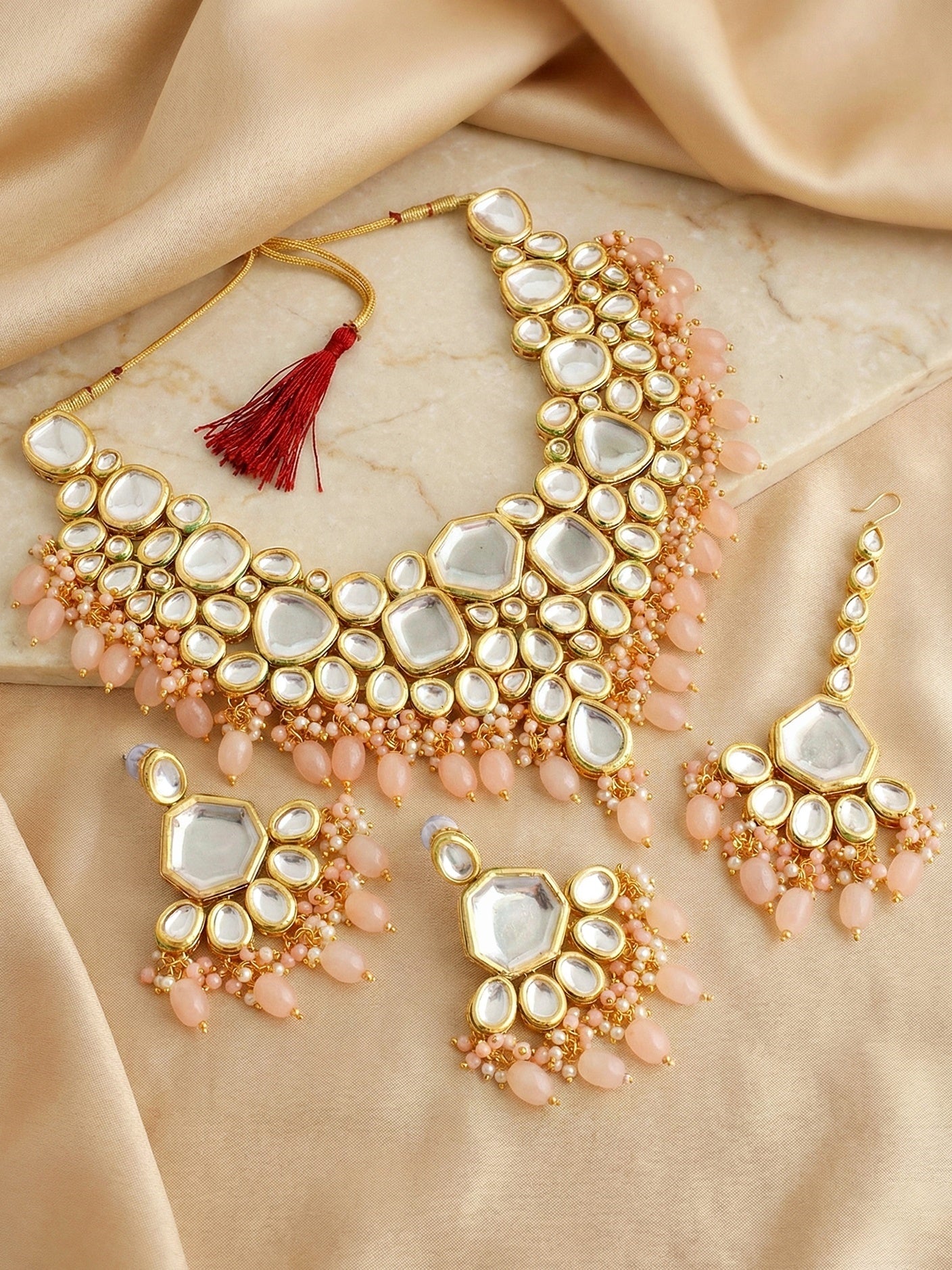 18 KT Gold Plated Peach Kundan Bridal & Semi-Bridal Necklace Set with Earrings & Maang Tikka (3947-J5SK-1574-PH)