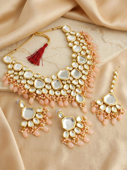 18 KT Gold Plated Peach Kundan Bridal & Semi-Bridal Necklace Set with Earrings & Maang Tikka (3947-J5SK-1574-PH)
