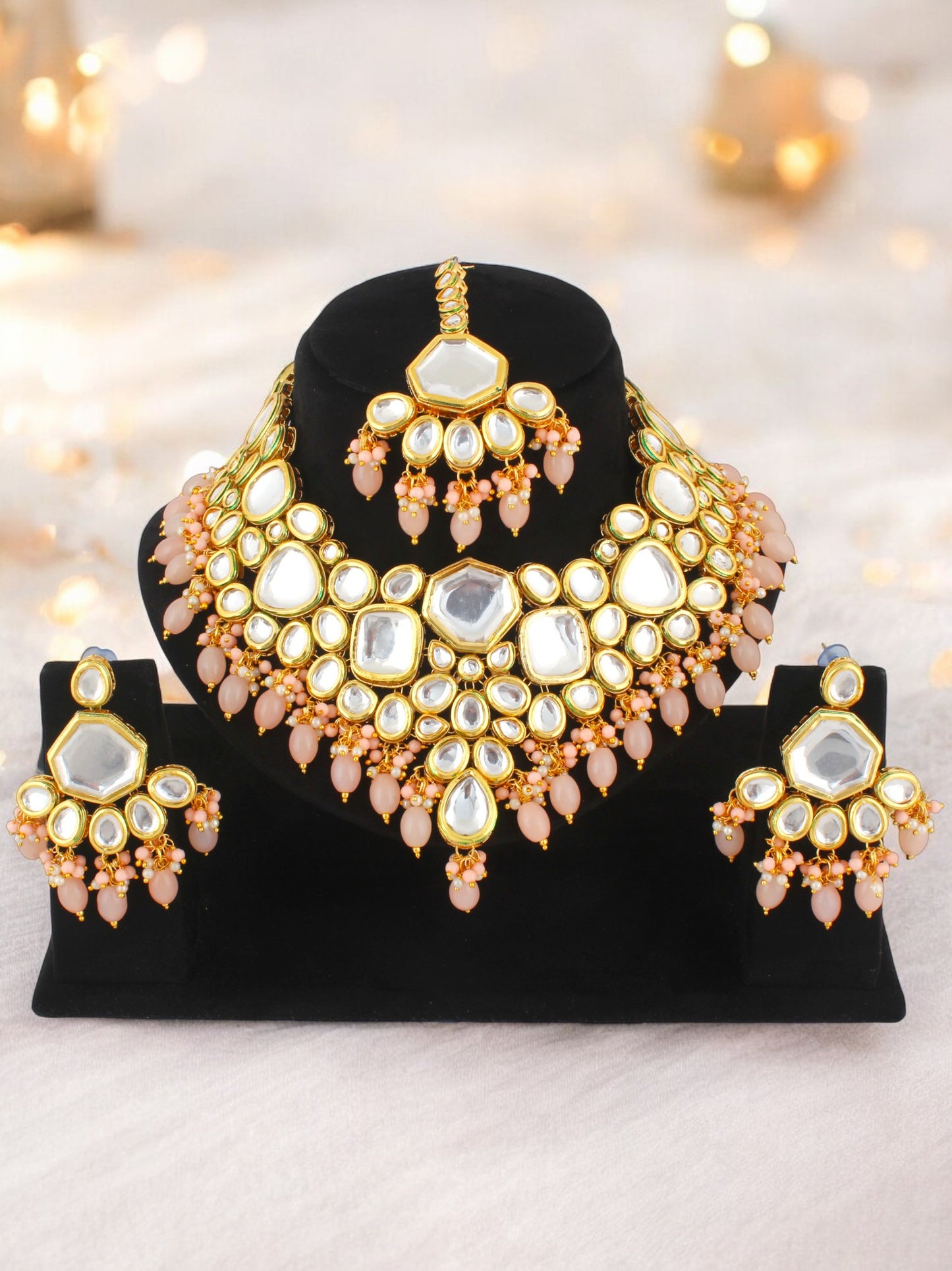 18 KT Gold Plated Peach Kundan Bridal & Semi-Bridal Necklace Set with Earrings & Maang Tikka (3947-J5SK-1574-PH)