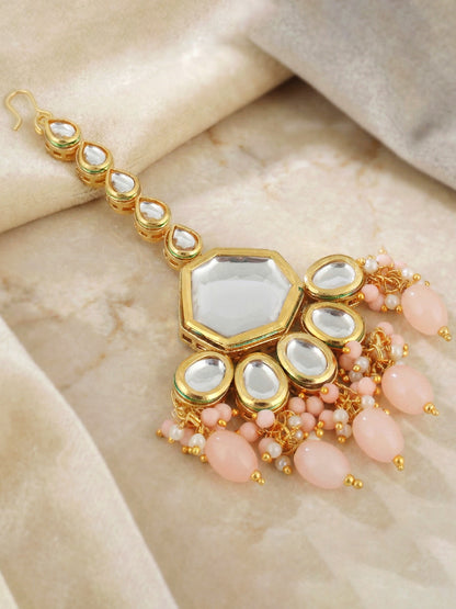 18 KT Gold Plated Peach Kundan Bridal & Semi-Bridal Necklace Set with Earrings & Maang Tikka (3947-J5SK-1574-PH)