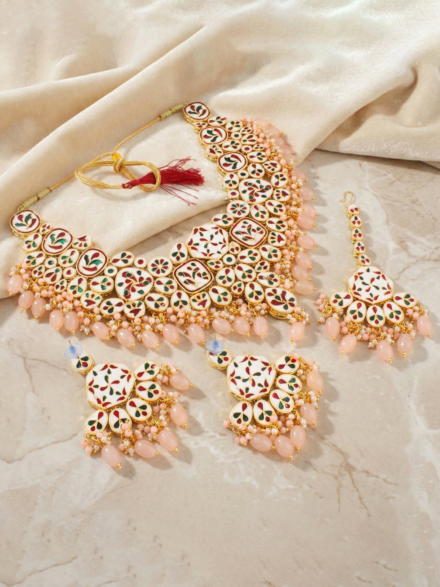 18 KT Gold Plated Peach Kundan Bridal & Semi-Bridal Necklace Set with Earrings & Maang Tikka (3947-J5SK-1574-PH)