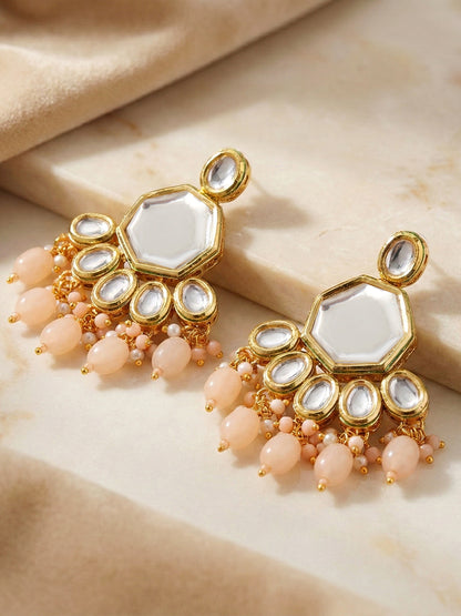 18 KT Gold Plated Peach Kundan Bridal & Semi-Bridal Necklace Set with Earrings & Maang Tikka (3947-J5SK-1574-PH)