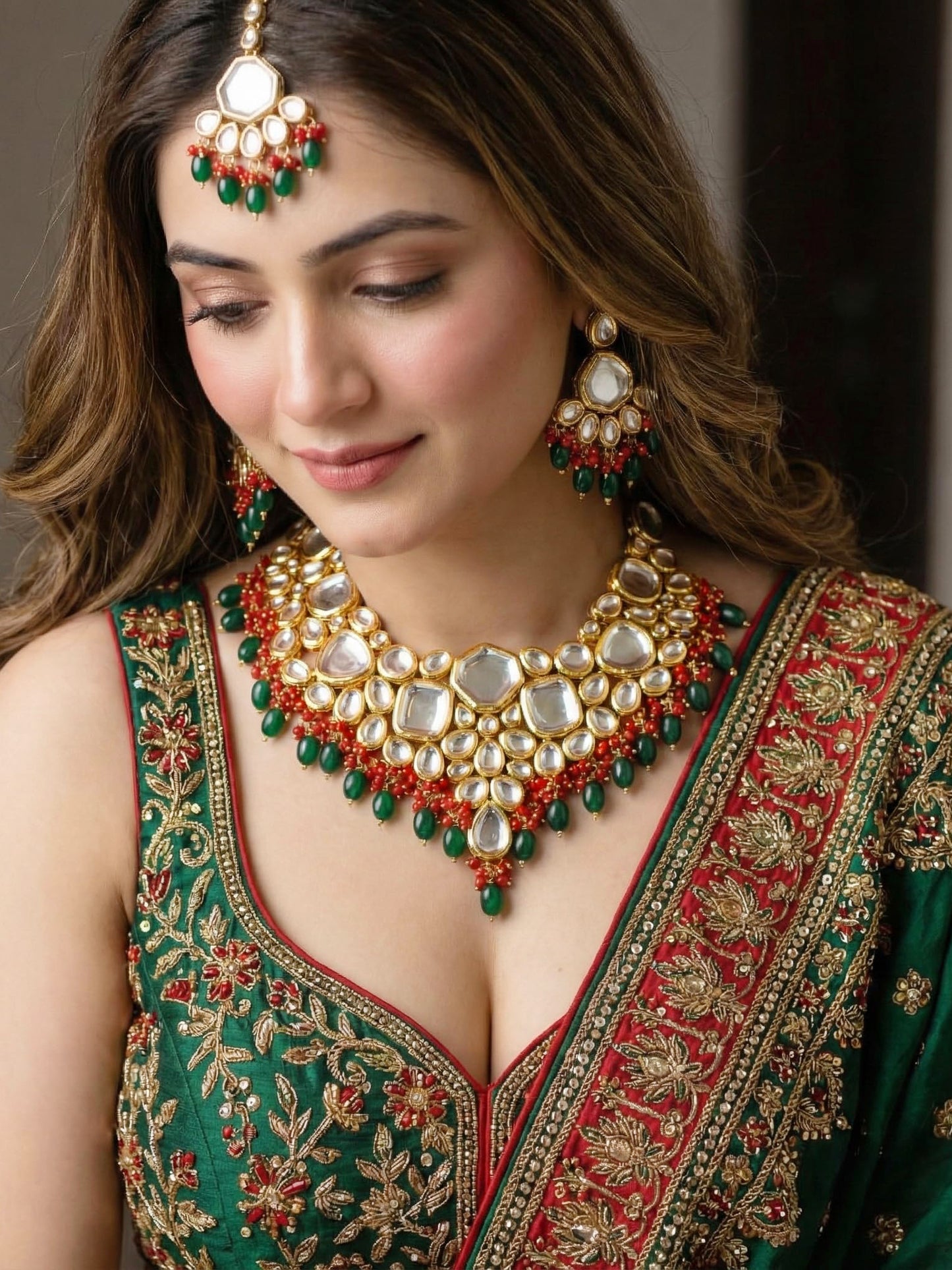 18 KT Gold Plated Red Green Kundan Bridal & Semi-Bridal Necklace Set with Earrings & Maang Tikka (3947-J5SK-1574-REDG)