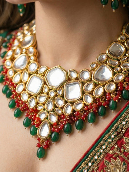 18 KT Gold Plated Red Green Kundan Bridal & Semi-Bridal Necklace Set with Earrings & Maang Tikka (3947-J5SK-1574-REDG)
