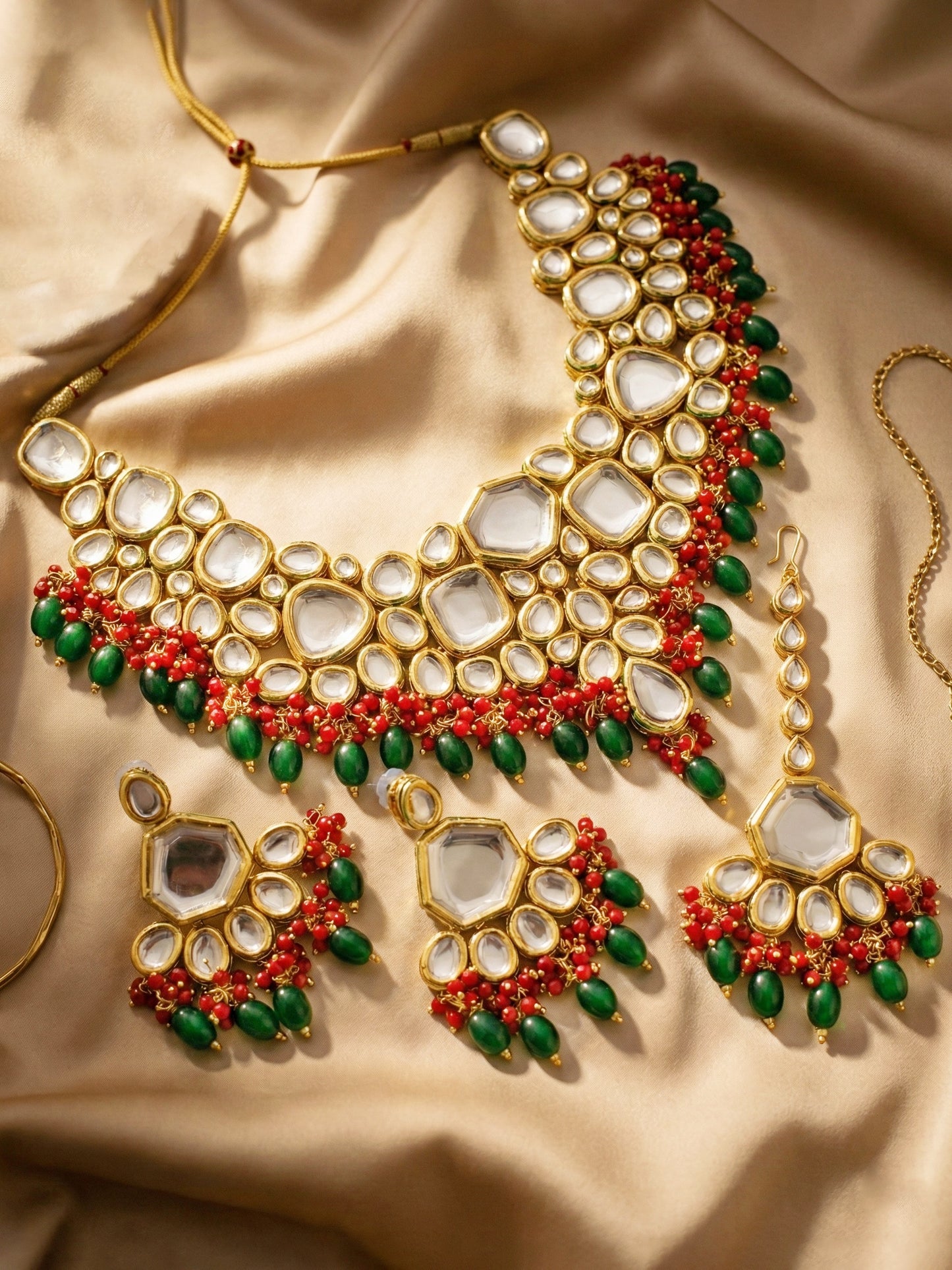 18 KT Gold Plated Red Green Kundan Bridal & Semi-Bridal Necklace Set with Earrings & Maang Tikka (3947-J5SK-1574-REDG)