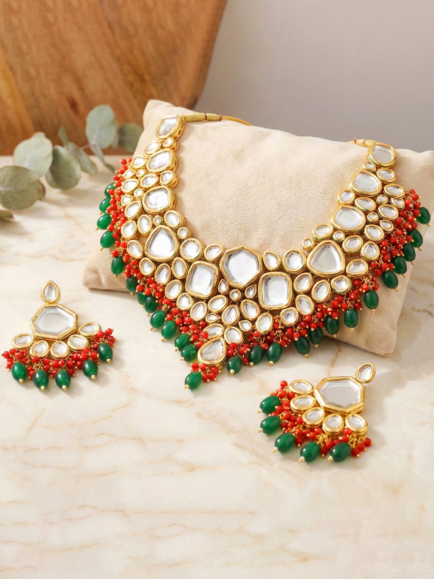 18 KT Gold Plated Red Green Kundan Bridal & Semi-Bridal Necklace Set with Earrings & Maang Tikka (3947-J5SK-1574-REDG)