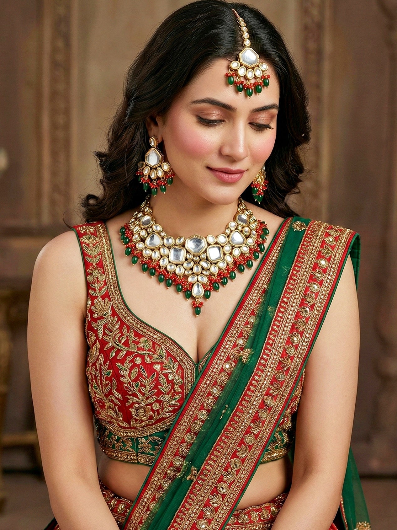 18 KT Gold Plated Red Green Kundan Bridal & Semi-Bridal Necklace Set with Earrings & Maang Tikka (3947-J5SK-1574-REDG)