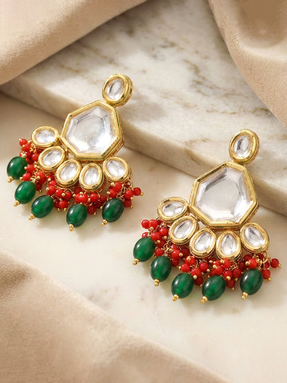 18 KT Gold Plated Red Green Kundan Bridal & Semi-Bridal Necklace Set with Earrings & Maang Tikka (3947-J5SK-1574-REDG)