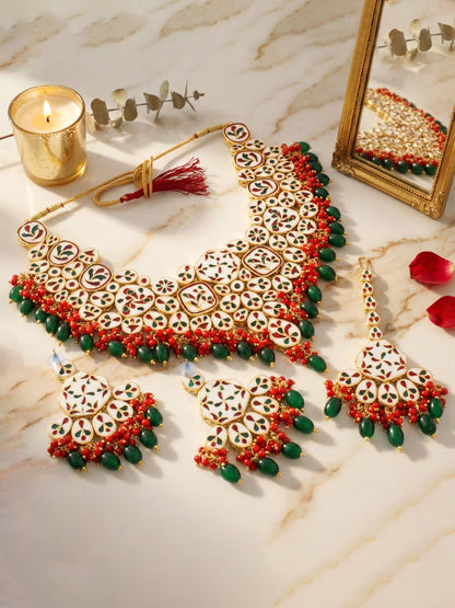 18 KT Gold Plated Red Green Kundan Bridal & Semi-Bridal Necklace Set with Earrings & Maang Tikka (3947-J5SK-1574-REDG)