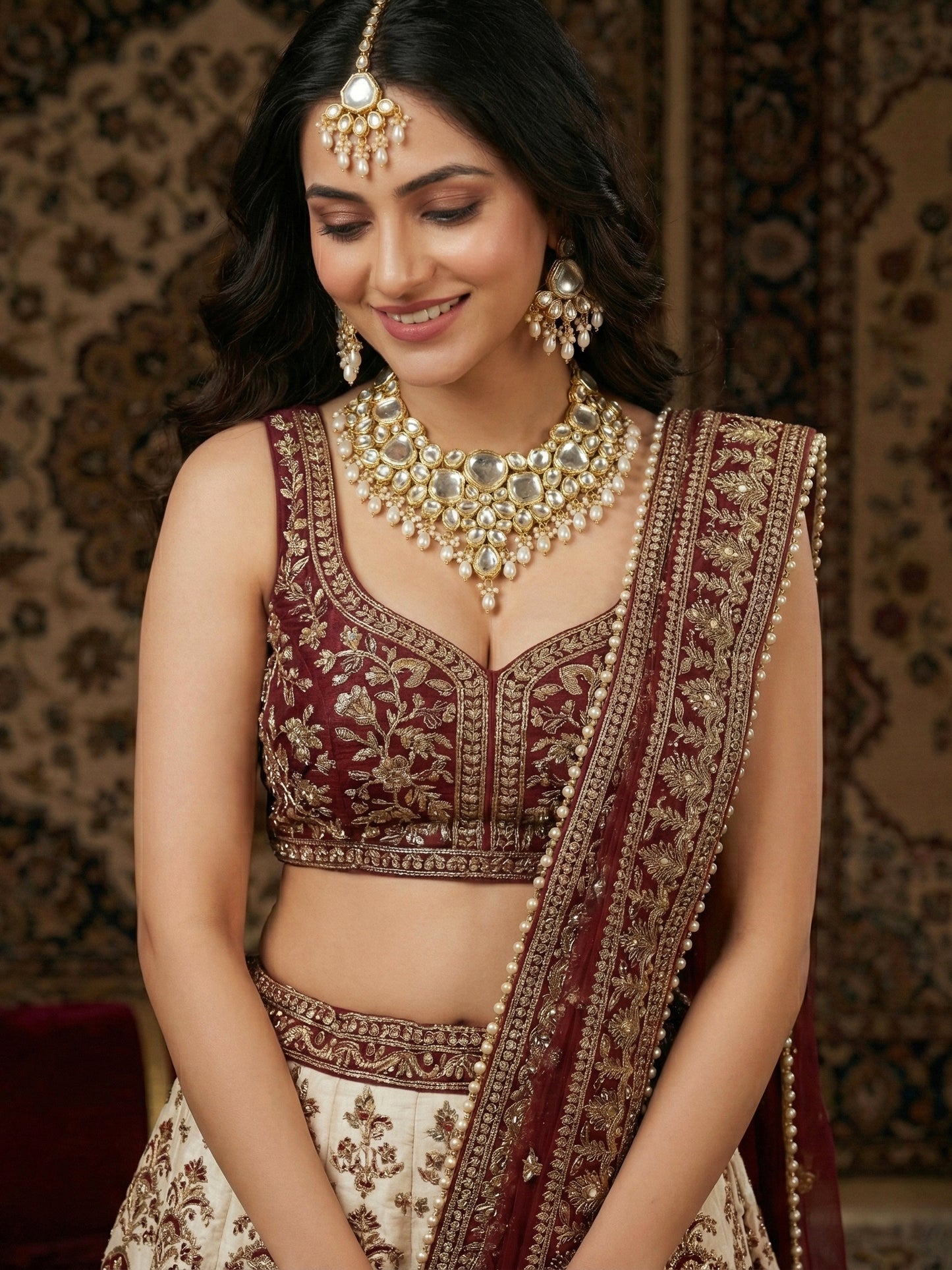 18 KT Gold Plated White Kundan Bridal & Semi-Bridal Necklace Set with Earrings & Maang Tikka (3947-J5SK-1574-W)
