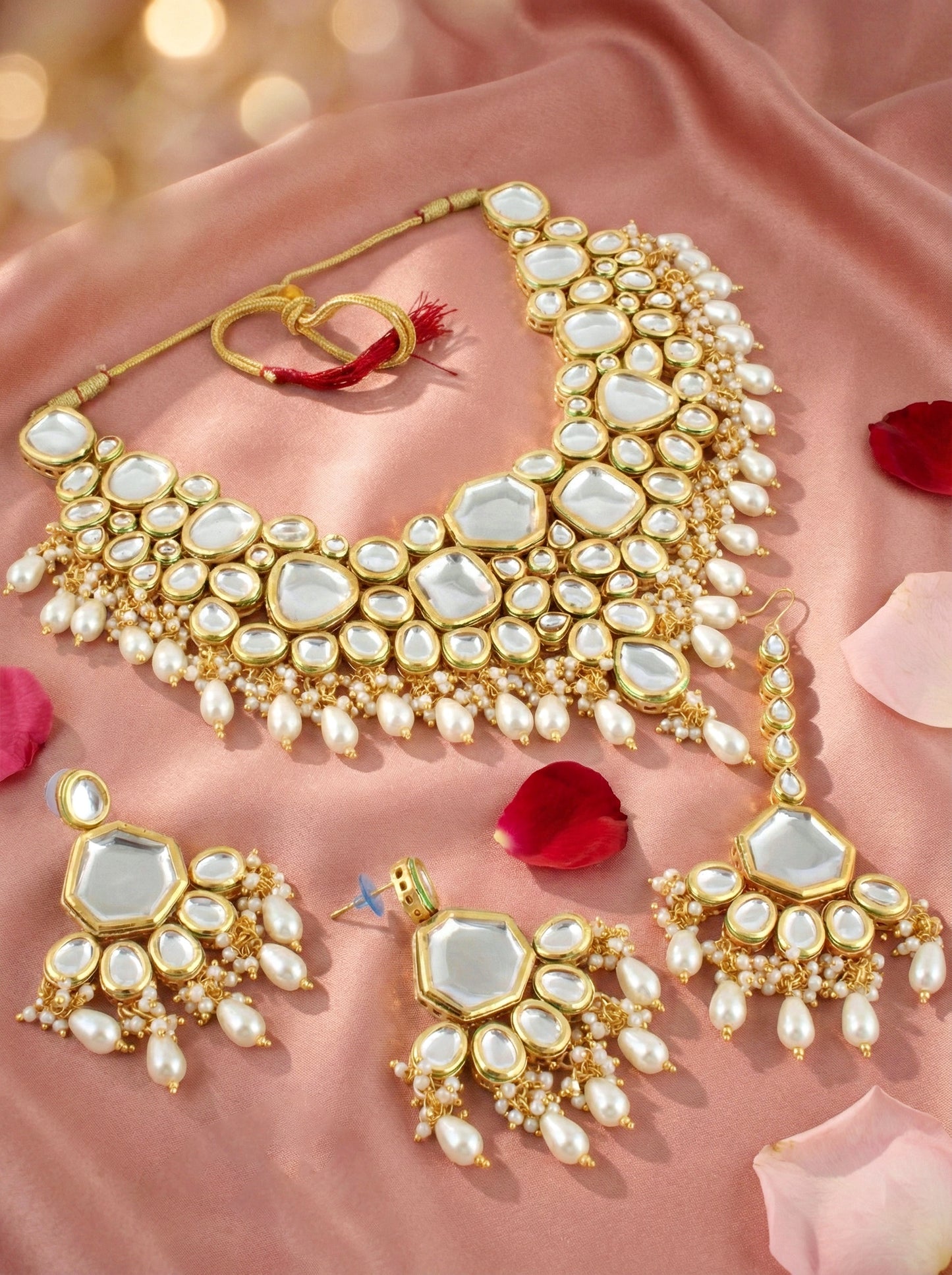 18 KT Gold Plated White Kundan Bridal & Semi-Bridal Necklace Set with Earrings & Maang Tikka (3947-J5SK-1574-W)