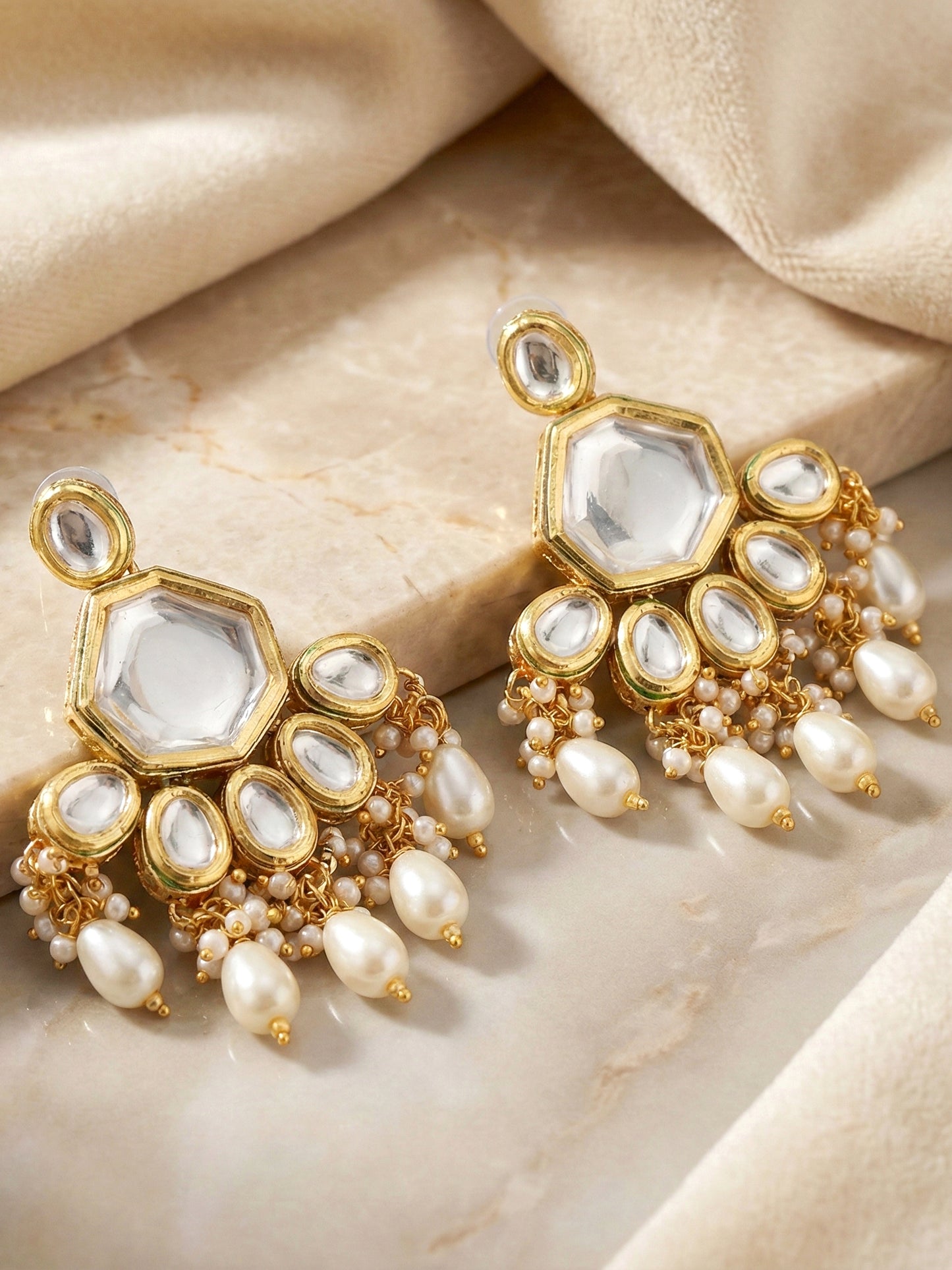 18 KT Gold Plated White Kundan Bridal & Semi-Bridal Necklace Set with Earrings & Maang Tikka (3947-J5SK-1574-W)
