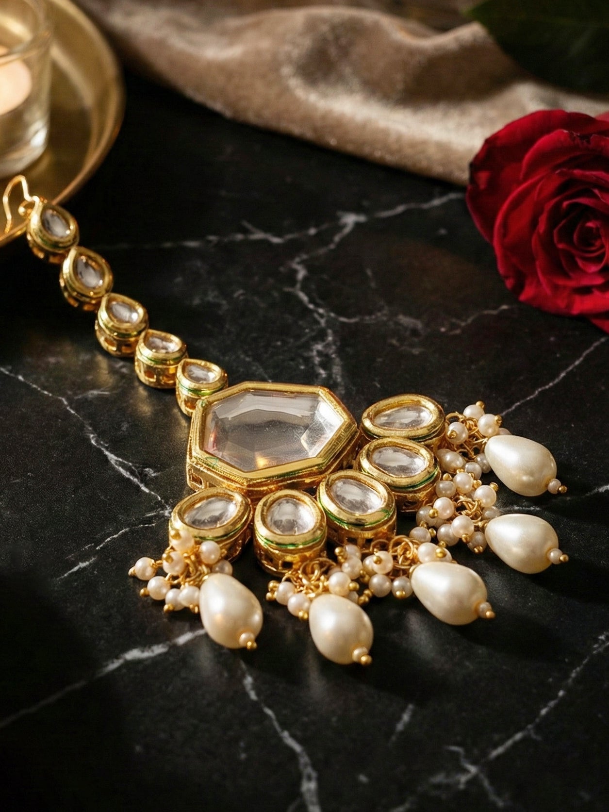 18 KT Gold Plated White Kundan Bridal & Semi-Bridal Necklace Set with Earrings & Maang Tikka (3947-J5SK-1574-W)