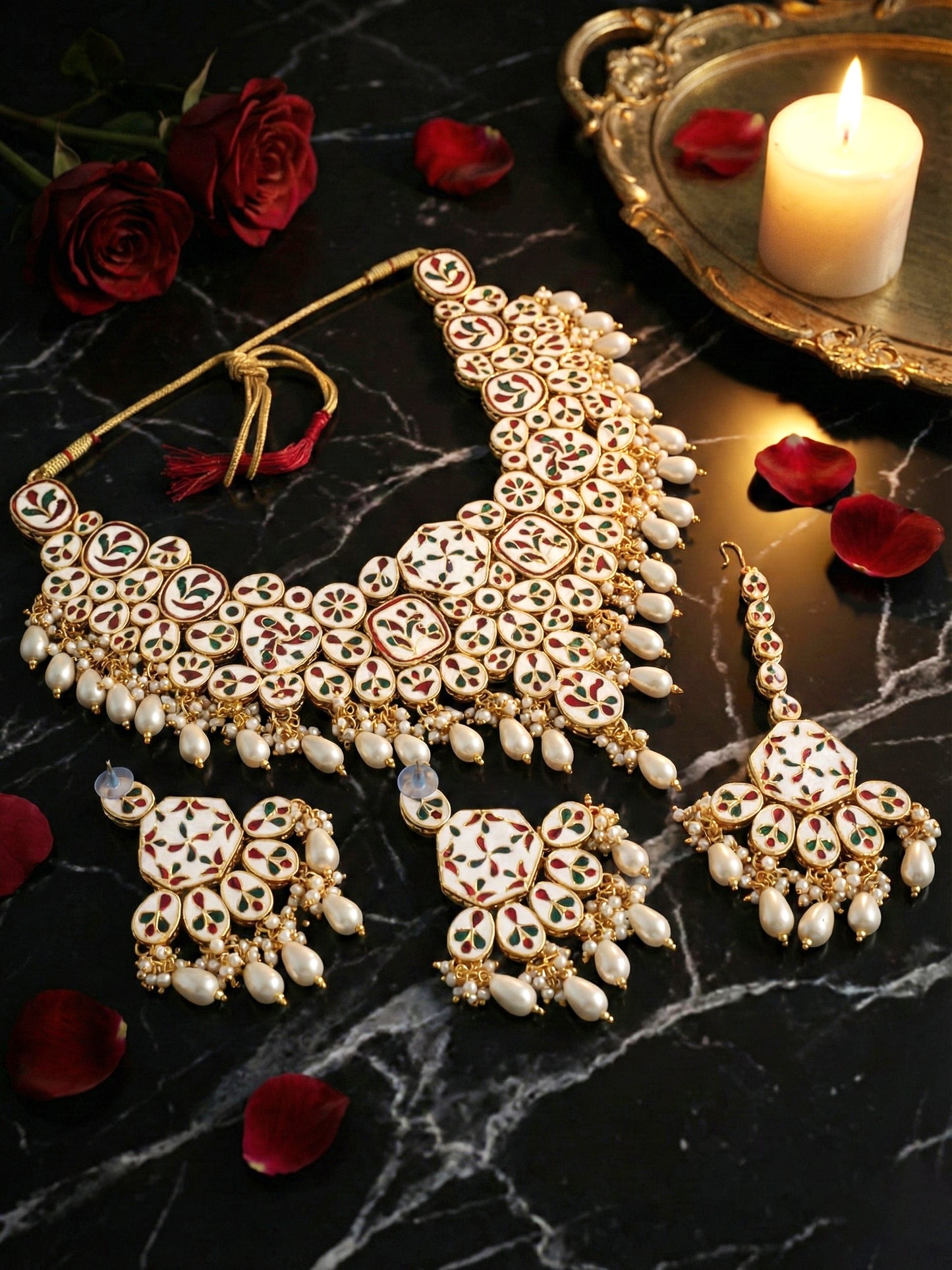 18 KT Gold Plated White Kundan Bridal & Semi-Bridal Necklace Set with Earrings & Maang Tikka (3947-J5SK-1574-W)