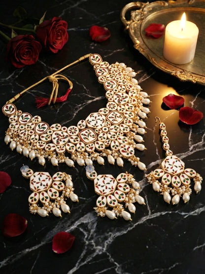 18 KT Gold Plated White Kundan Bridal & Semi-Bridal Necklace Set with Earrings & Maang Tikka (3947-J5SK-1574-W)