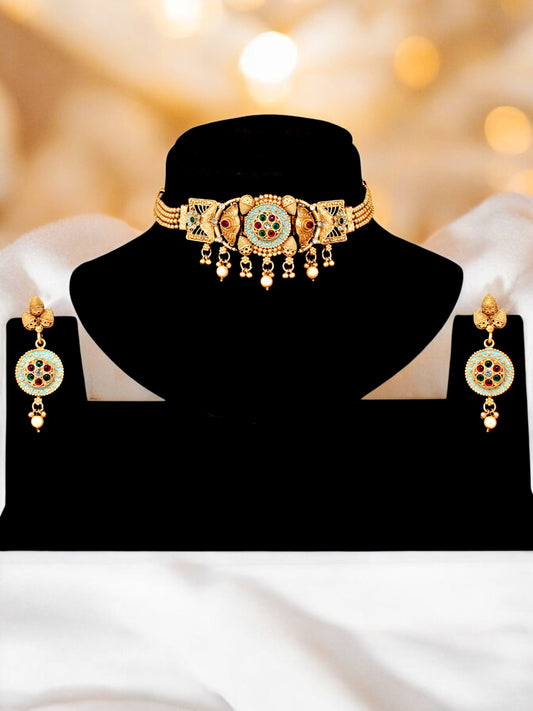 Gold-Plated Meenakari Guluband Choker Necklace with Earrings for Women & Girls (396-G2SR-2076-FRG)