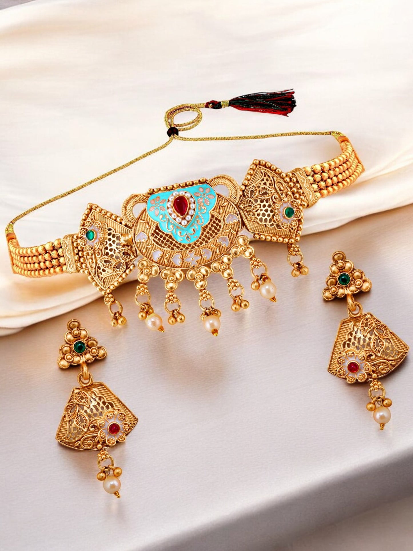 Gold-Plated Meenakari Guluband Choker Necklace with Earrings for Women & Girls (396-G2SR-2077-FRG)