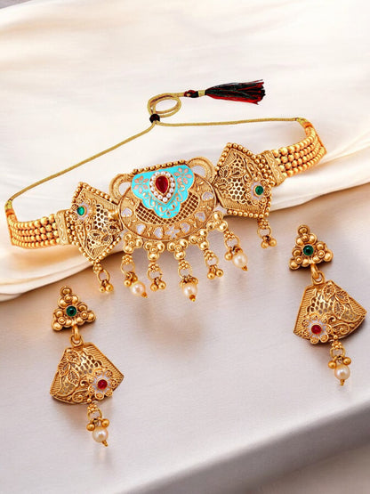 Gold-Plated Meenakari Guluband Choker Necklace with Earrings for Women & Girls (396-G2SR-2077-FRG)