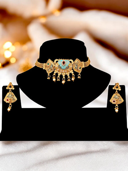 Gold-Plated Meenakari Guluband Choker Necklace with Earrings for Women & Girls (396-G2SR-2077-FRG)