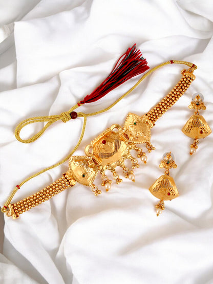 Gold-Plated Meenakari Guluband Choker Necklace with Earrings for Women & Girls (396-G2SR-2077-FRG)