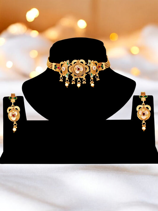 Gold-Plated Meenakari Guluband Choker Necklace with Earrings for Women & Girls (396-G2SR-2078-PKRG)