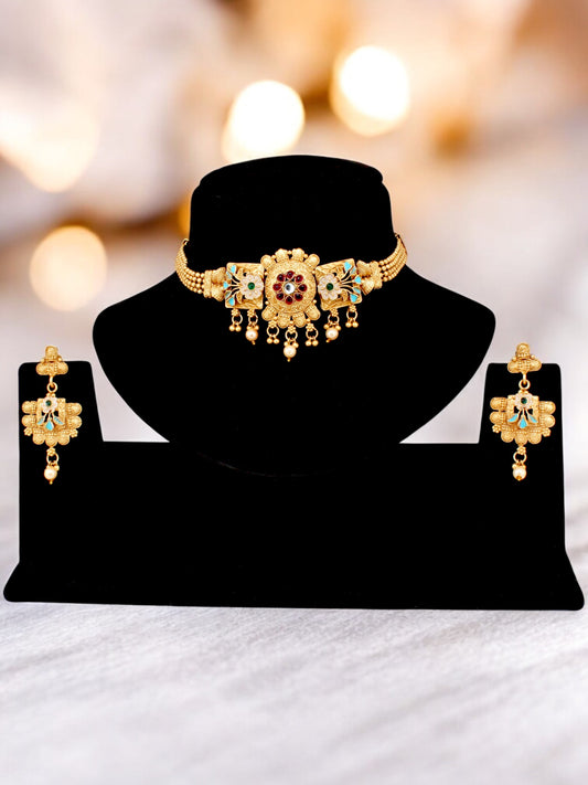 Gold-Plated Meenakari Guluband Choker Necklace with Earrings for Women & Girls (396-G2SR-2079-RPKF)
