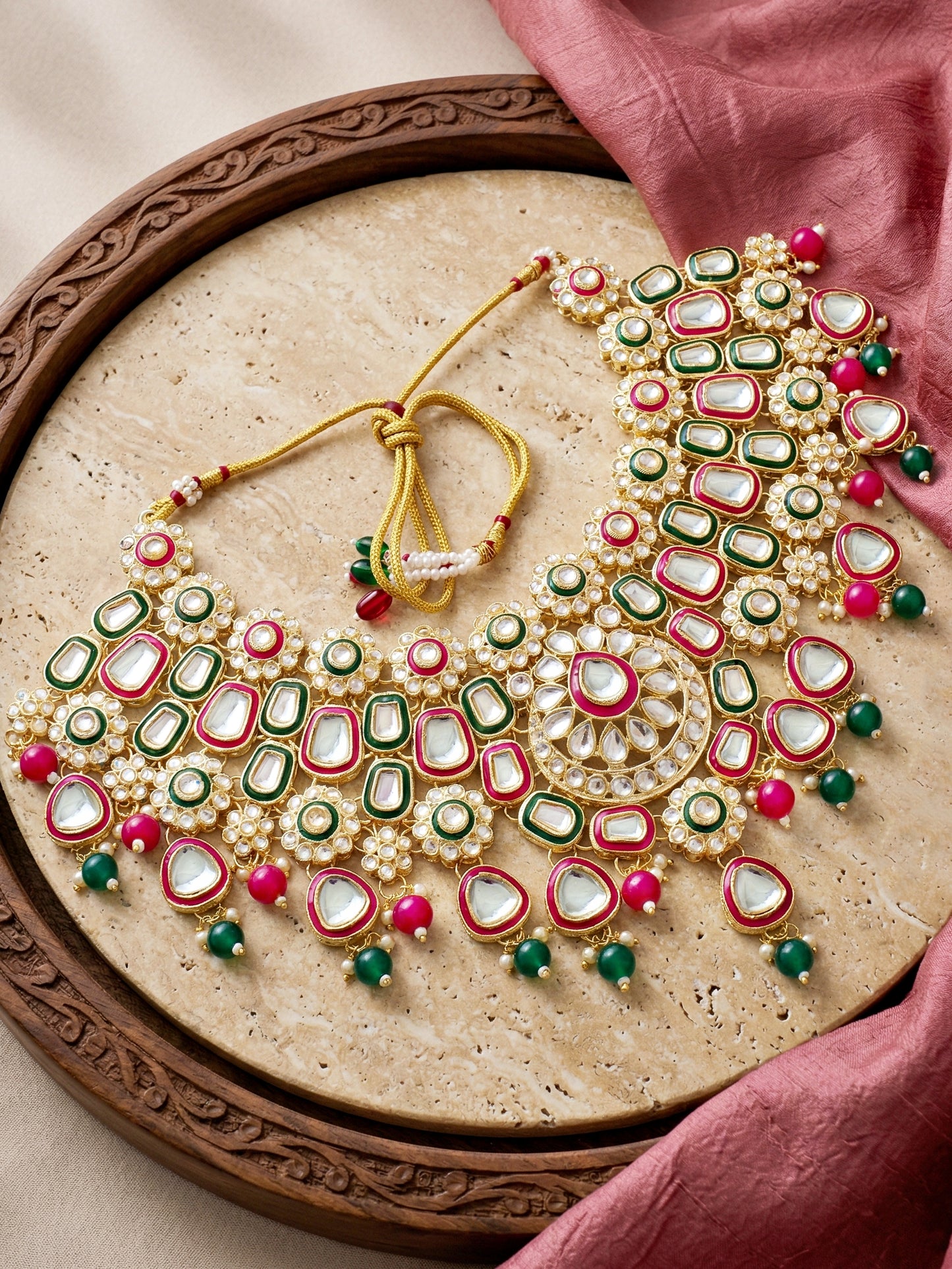 Bridal Kundan Red Green Multicolor Choker Jewellery Set with Hathphool & Nath (2541-IZK-554-RG)