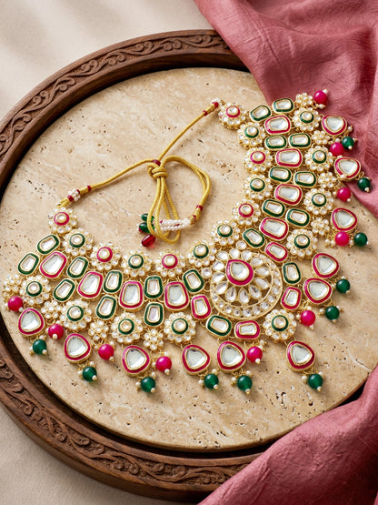 Bridal Kundan Red Green Multicolor Choker Jewellery Set with Hathphool & Nath (2541-IZK-554-RG)