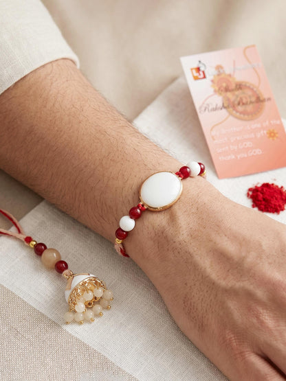 Set of 2 White & Maroon Bhaiya Bhabhi Rakhi Set, Designer Lumba with Beads, Roli, Chawal & Card (265-CHCR1-1151-W-2-2026)