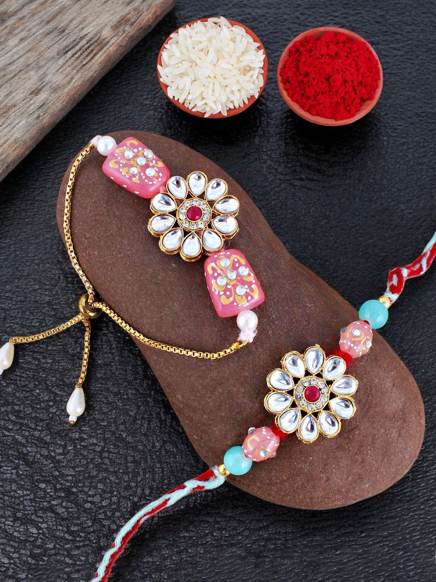 Lucky Jewellery Designer Kundan Stone Floral Rakhi - Rakshabandhan Rakhee with Lumba Bracelet for Brother/Bhaiya/Bhai/Bhabhi - Pack of 2 (173-CHR1-1849-2)