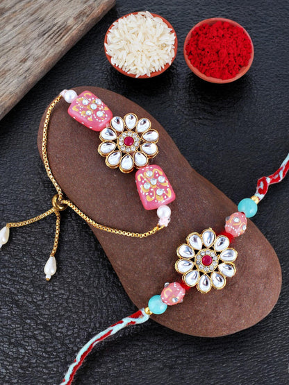 Lucky Jewellery Designer Kundan Stone Floral Rakhi - Rakshabandhan Rakhee with Lumba Bracelet for Brother/Bhaiya/Bhai/Bhabhi - Pack of 2 (173-CHR1-1849-2)