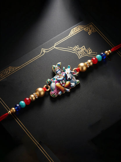 Religious Lord Krishna & Cow Designer Rakhi Set For Brother | Roli Chawal & Card (84-S5R1-GCS0322)