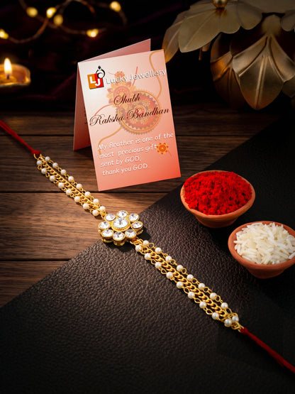 LUCKY JEWELLERY Traditional Rakhi for Brother/Bhaiya – Gold Plated Red Thread Rakshabandhan Rakhie in White Stones for Bhai/Bhabhi (Pack of 1) – Fancy Rakhee Bracelet Rakshasutra (99-L1R1-26-W-1-2026)