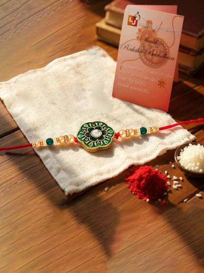 Lucky Jewellery Designer Green Color Meena Rakhi - Rakshabandhan Rakhee with Pearl Lumba Bracelet for Brother/Bhaiya/Bhai/Bhabhi - Pack of 2 (130-JPCR1-1853-G-2)