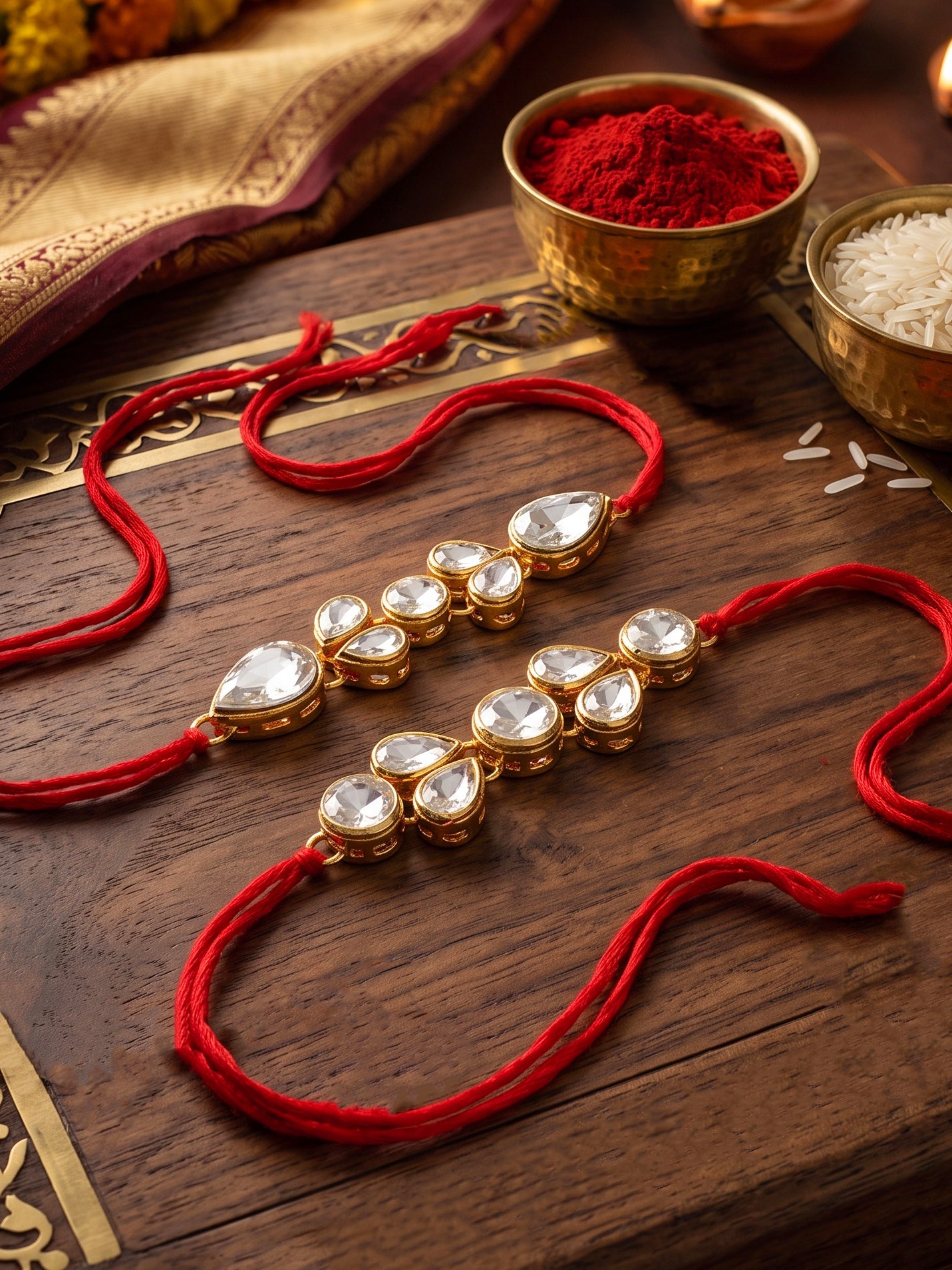 LUCKY JEWELLERY Traditional Rakhi for Brother/Bhaiya – Gold Plated Red Thread Rakshabandhan Rakhie White Stones for Bhai/Bhabhi (Pack of 2) – Fancy Rakhee Bracelet Rakshasutra (159-L1R1-07-W-2-2026)